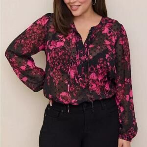 Torrid Purple and Black Chiffon‎ Clip Swiss Dot Button-Front Blouse Plus Size 2X